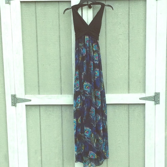 peacock feather maxi dress